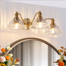 24 Inch 3-Light Vintage Bathroom Wall Sconce - Elegant Golden Metal And Glass Lampshade Vanity Light Fixture For Bathroom, Hallway, Or Bedroom Bulb No