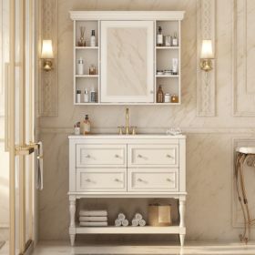 36'' Bathroom Vanity With Medicine Cabinet, Modern Mirror Cabinet With Adjustable Shelf, Bathroom Storage Cabinet With 4 Drawers, Solid Wood Frame Bat