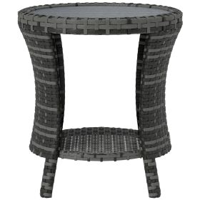 18 Wicker Outdoor Coffee Table, PE Rattan Patio Side Table With 2-Tier Storage, Composite Wood Top, Gray