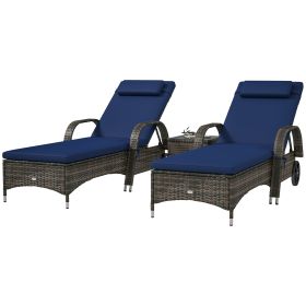Patio Wicker Chaise Lounge Chair Set Of 2 With Table, Adjustable Backrest, Wheels, Cushion & Headrest, Dark Blue