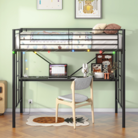 Twin Metal Loft Bed With Desk, Power Outlet And LED Lighted , Safety Guard & Ladder, No Box Spring Needed, Black