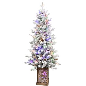 4ft Pre-lit Potted Porch Christmas Tree Small Slim Christmas Tree With Multicolor Lights Twinkle Potted Xmas Tree With Mixed PE, Metal Glint Basin, 8