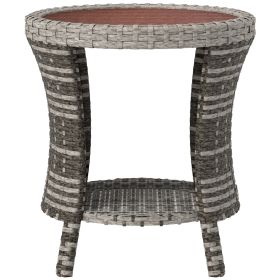 18 Wicker Outdoor Coffee Table, PE Rattan Patio Side Table With 2-Tier Storage, Composite Wood Top, Mixed Gray