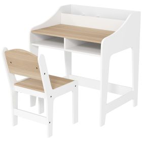 Desk And Chair Set With Storage And Shelves, For Bedroom & Study Room, Gift For 3-8 Years Old, Natural Wood