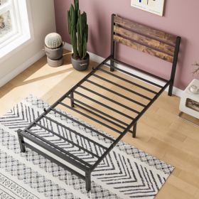 Twin Size Platform Bed Frame With Rustic Vintage Wood Headboard, Strong Metal Slats Support Mattress Foundation, No Box Spring Needed Rustic Brown