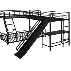 L-Shaped Twin Full Bunk Bed With Loft, Desk  Slide, Black