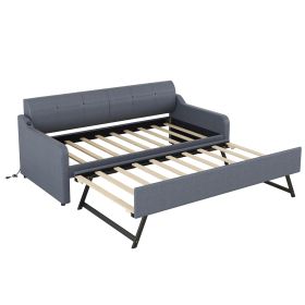 Twin Upholstered DayBed With Trundle & USB, Adjustable, Gray - 80 Characters
