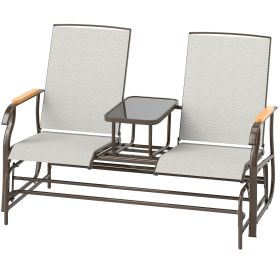 Outdoor 2-Person Glider Bench, Outside Glider Swing Chair Loveseat With Table, Steel Frame, Cream White