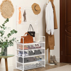 5-Tier Coat Rack Dustproof Entryway Hall Tree Clothing Shelf Shoe Rack With 8 Removable Hooks Freestanding Hat Clothes Organizer For Front Door Bedroo
