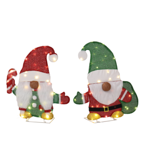 Set Of 2 Lighted Gnome And Candy Cane Christmas Decorations, Pre-lit 2D Holiday Decor With 80 Warm White LED Lights For Xmas Outdoor Indoor Decor Ligh