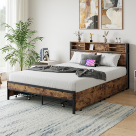 Queen Size Bed Frame With 4 Storage Drawers, Metal Platform Bed With Wooden Headboard And Charging Station, No Box Spring Needed, Noise Free, Easy Ass