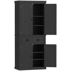 72 Kitchen Pantry Storage Cabinet, Cupboard With 4 Doors And 3 Adjustable Shelves, Large Central Drawer, Black