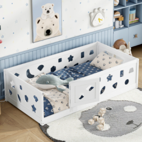 Twin Size Floor Bed With Heightened Safety Guardrails And Door, Solid Wood Bedframe With Rails For Girls, Boys, Teens, Child Bedroom, Kids Playroom, W