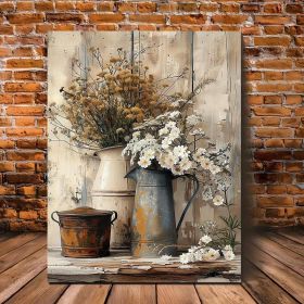 1 Piece Framed Wooden Canvas Painting, Rustic Wood Frame Canvas Art - Cream Yellow Wood Grain With White Jasmine Flowers With Rust Colored Wateri (Option: 36X24inch)