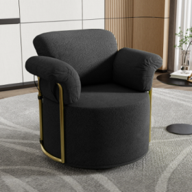 360 Degree Barrel Swivel Accent Sofa Chair,Fluffy Fabric Lounge Wide Upholstered Reading Chair With Gold Metal Legs, Comfortable Round Armchair For Li (Color: Black)