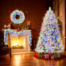 6FT Snow Flocked Christmas Tree  Pre Lit Set With Tree   Garland  Wreath,Artificial Hinged Xmas Tree With Colorful LED Lights8 Lighting Modes, Pine Co (Color: Green)