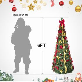 Prelit Full Pop Up Christmas Tree With Warm LED Lights, Gold And Red Ribbon, Bows, Balls Ornaments Easy Assemble Collapsible Xmas Trees Holiday Party (Option: 6ft)