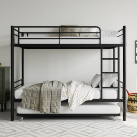 Twin Bunk Bed With Trundle Metal Bunkbeds With Ladder And Full-Length Guardrail, Noise Free, No Box Spring Needed, Black (Color: Black)