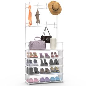 1Pc 5Tier Dustproof Entryway Hall Tree Coat Rack Shoe Rack With 8 Removable Hooks Freestanding Shoe Storage Shelf Hat Clothes Organizer For Front Door (Color: White)