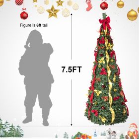 Prelit Full Pop Up Christmas Tree With Warm LED Lights, Gold And Red Ribbon, Bows, Balls Ornaments Easy Assemble Collapsible Xmas Trees Holiday Party (Option: Half of 15ft)