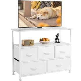 Dresser For Bedroom, Chest Of Drawers, 5 Drawer Dresser, Closet Fabric Dresser With Metal Frame Tv Stand (Color: White)