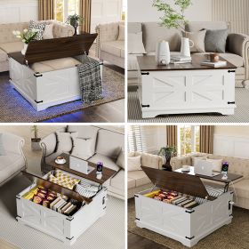 Farmhouse Coffee Table With Lift-Top, USB Charging Station & Hidden Storage - Sturdy Wooden Base, White-Brown Options, Perfect For Living Room Organiz (Option: W13732796)