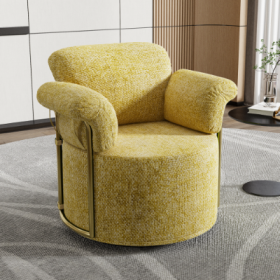 360 Degree Barrel Swivel Accent Sofa Chair,Fluffy Fabric Lounge Wide Upholstered Reading Chair With Gold Metal Legs, Comfortable Round Armchair For Li (Color: Yellow)