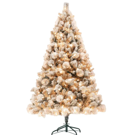 HOMCOM 6.5 Ft Pre-Lit Artificial Christmas Tree With 350 Clear Lights And 1107 Tips, Snow Flocked Christmas Tree With Metal Stand, Hinged Xmas Tree Fo (Color: Green)