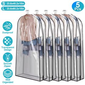 5 Pack 60In OR 40In Options Garment Bag For Hanging Clothes Dustproof Waterproof Hanging Clothes Storage Bag Clear Transparent Suits Cover For Sweater (Option: L)