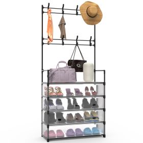 1Pc 5Tier Dustproof Entryway Hall Tree Coat Rack Shoe Rack With 8 Removable Hooks Freestanding Shoe Storage Shelf Hat Clothes Organizer For Front Door (Color: Black)